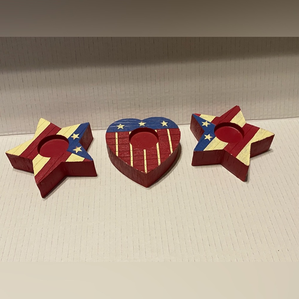 3 Patriotic Red White and Blue wooden like tea light candle holders
